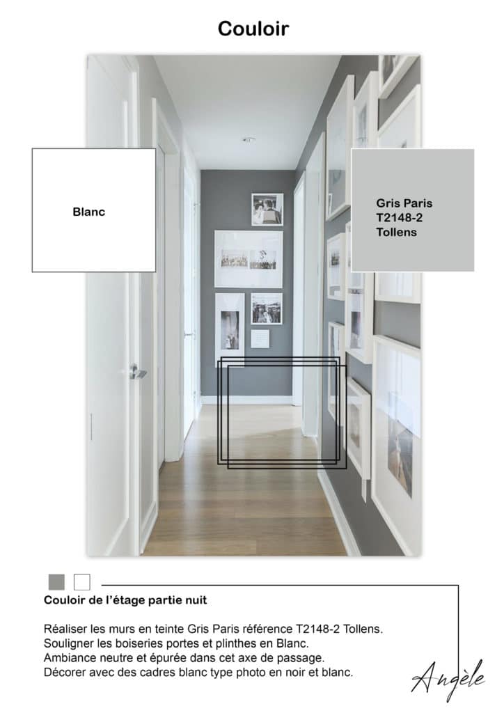 Planche descriptive du couloir de l'étage partie nuit. L'ambiance est neutre et épurée dans cet axe de passage et décorer avec des cadres blanc type photo en noir et blanc.