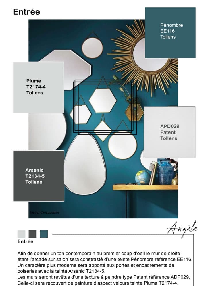Planche représentant une image avec un mur de couleur bleu canard ainsi qu'une multitude de miroirs de formes diverses et aléatoires. Quatres vignettes de couleurs sont présentes autour de ce visuel.