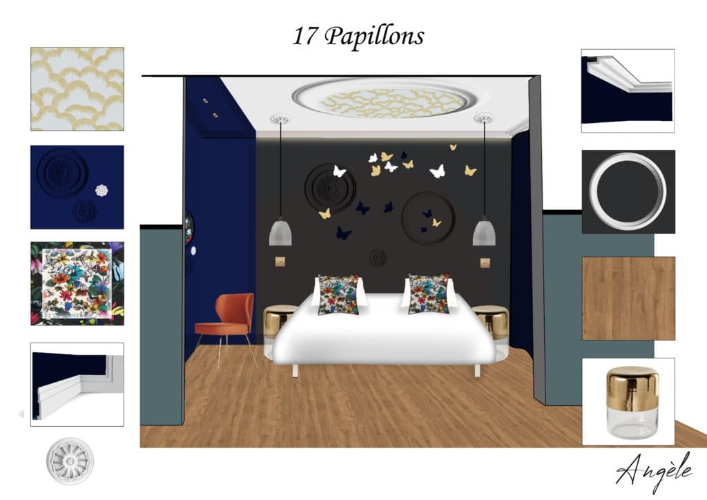 Chambre d'hôtel thématique esprit poétique ciel de lit, envolée de papillons. Utilisations de moulures pour souligner l'espace.