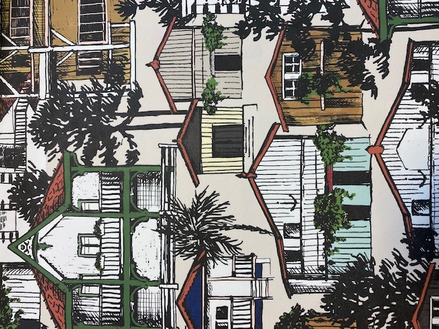 papier peint représentant un paysage japonais avec des habitations et des arbres