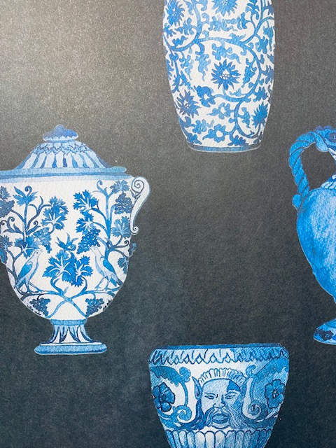 papier peint fond noir avec des vases blancs contours bleus clairs