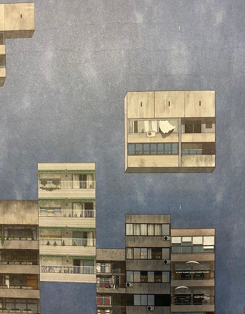 Papier peint urbain fond gris avec des immeubles