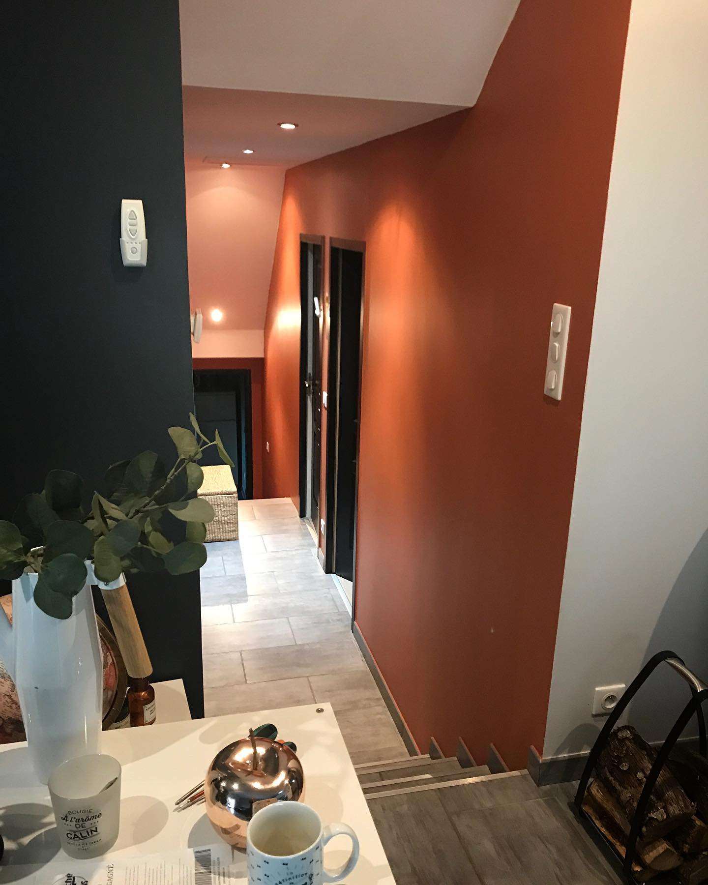 couloir terracotta et portes noir