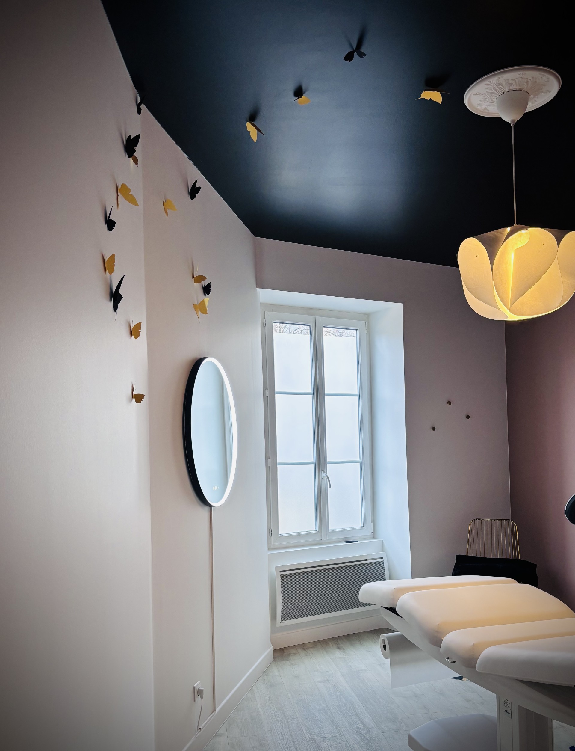 institut - beauté - deco - douce- plafond - noir - papillons - miroirs -